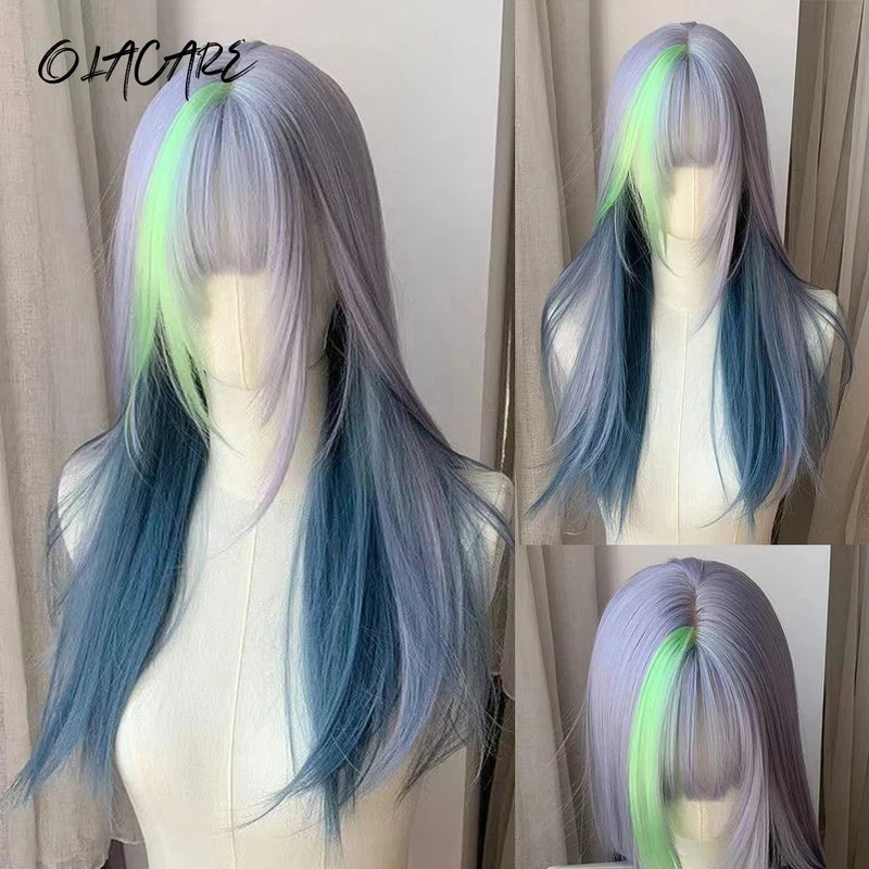OLACARE  Synthetic Long Straight Lolita Wig with Bang Black Red Two-Tone Cosplay Party Halloween Christmas Wavy Curly Wig