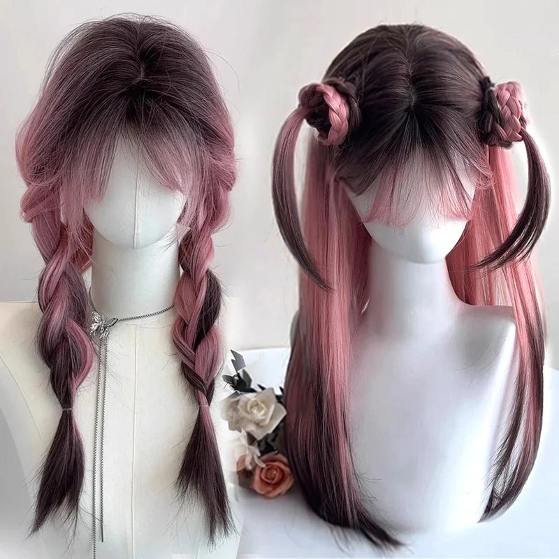 OLACARE  Synthetic Long Straight Lolita Wig with Bang Black Red Two-Tone Cosplay Party Halloween Christmas Wavy Curly Wig