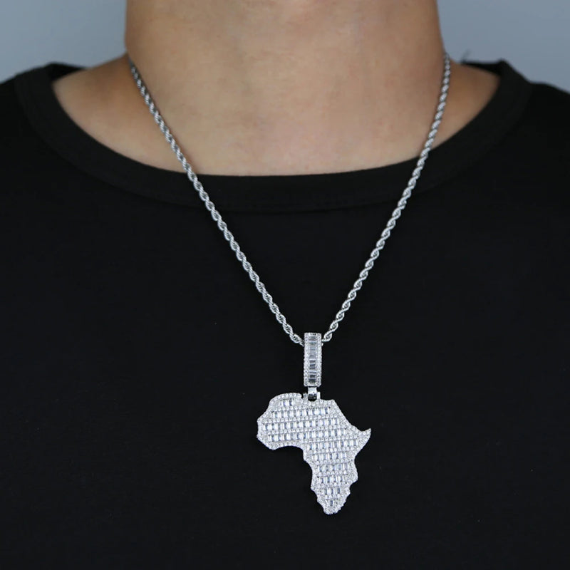 New Iced Out Bling Map Of Africa Pendant Necklace Gold Color Full CZ Zircon Charm Men Fashion Hiphop Jewelry