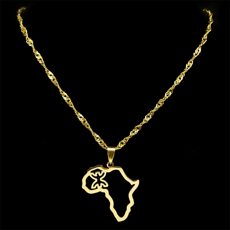 African Map Berber Amazigh Chain Necklaces for Women Men Stainless Steel Gold Color Amulet Necklace Jewelry collier 8092-QKC