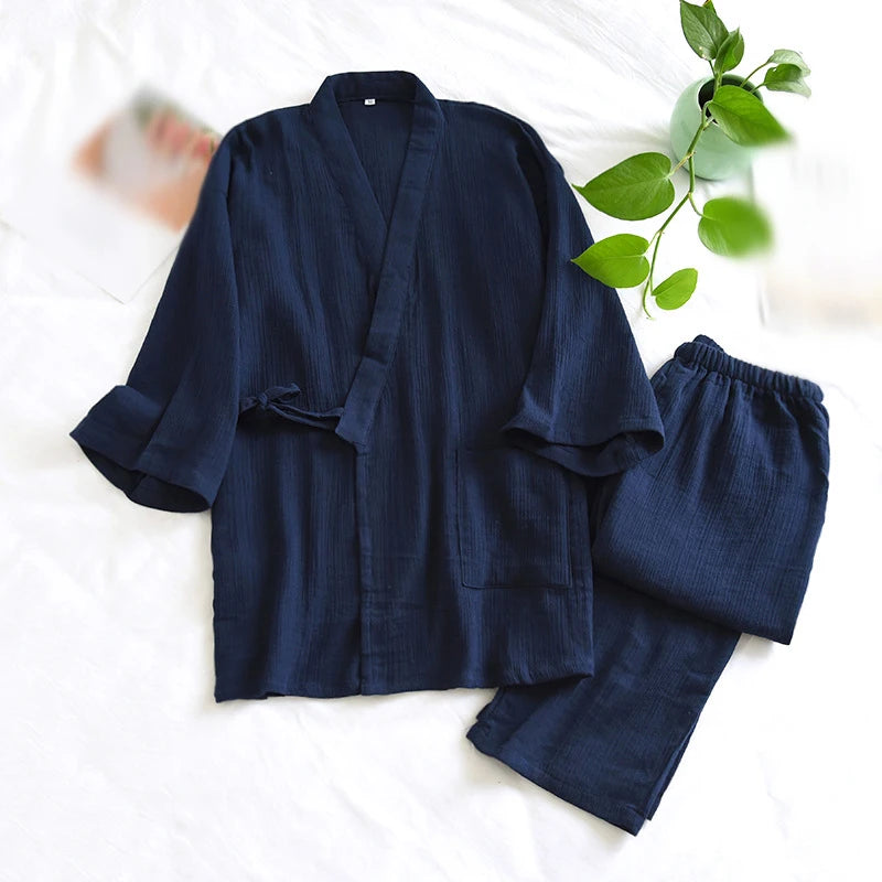 Couple Cotton Pajamas Suit Japanese Style Kimono Yukata Sleepwear Tops Pants Set Indoor Home Bathing Costume Women Men Gift