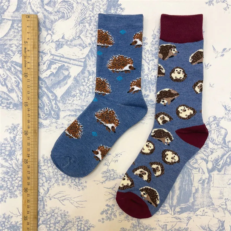 1Pair Adult Size Mid Calf Crew Cartoon Hedgehog Cottton Unisex Socks British Style Casual Harajuku Forest Animal Art Couple Fun
