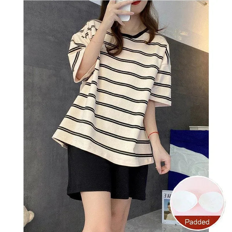 Large Size with Cushion Pajamas Women Summer Loose Striped School Leisure Homewear Two-Piece Set Green Korean Fashion Sleepwear