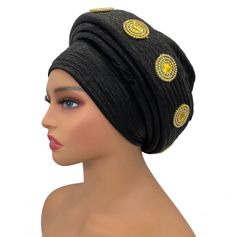 Already Made African Headtie Glitter Diamonds Women's Turban Cap Female Head Wraps Nigeria Wedding Auto Geles Party Headwear Hat