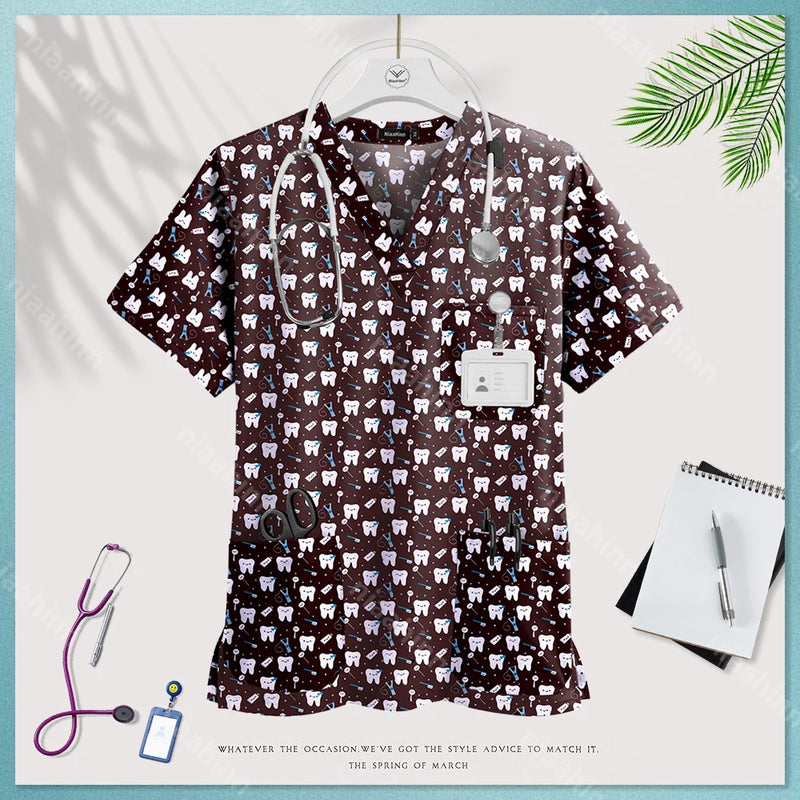 Medical Uniform Tops for Women Medical Print V-Neck Clinical Uniform T-shirts Short Sleeved Pocket Tops Surgical Uniforms Woman