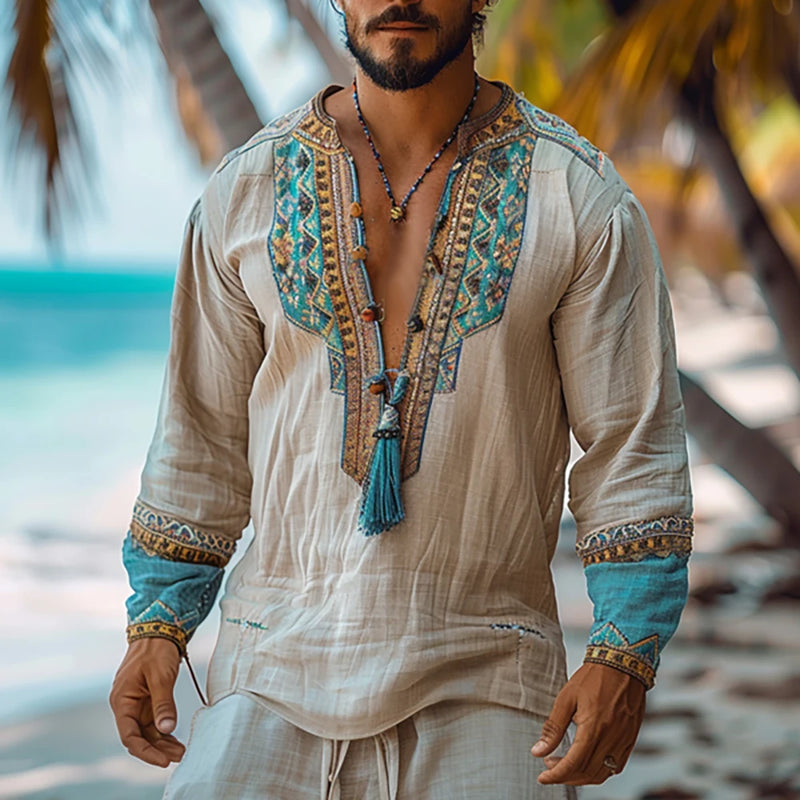 Ethnic Mens Linen Shirt Autumn Long Sleeve Male Clothing Fashion Streetwear V-Neck Print Men Blouse Tops Plus Size Causal Shirt