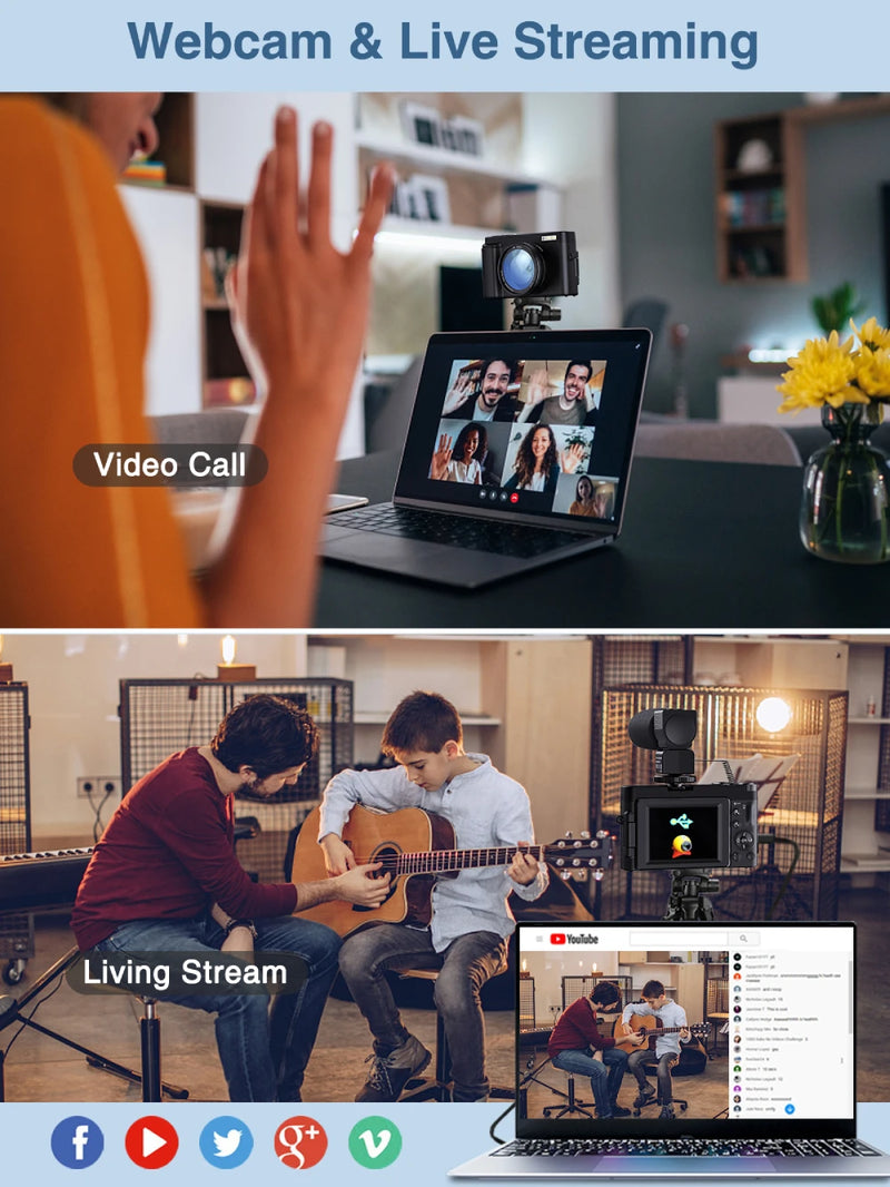 Câmera Digital 4K para Fotografia e Vídeo Autofoco Anti-Shake 48MP Câmera Compacta Vlogging 3'' 180 °   Tela dobrável com flash