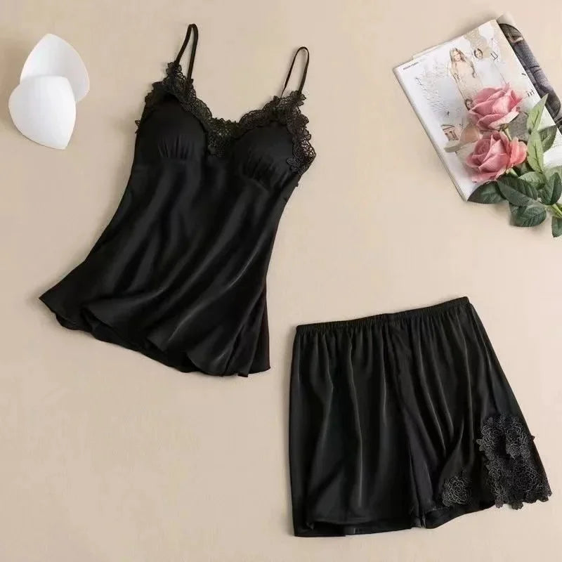 Summer Ice Silk Thin Strap Sleepwear Sexy Women's Home Clothes with Chest Pad High End Sensual Nightgown V-neck No Sleeve
