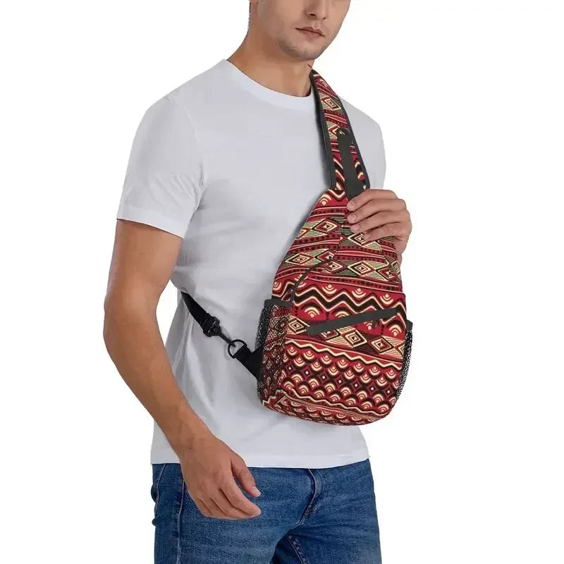 Maroon African Ankara Crossbody Sling Backpack Africa Civilization Styles Shoulder Chest Bag for Travel Hiking Daypack