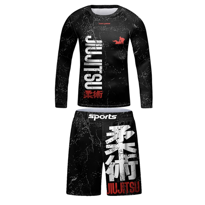 Nova criança jiu jitsu mma rashguard camiseta + calça + shorts 3d bjj gi kickboxing camisas apertadas meninos crianças muay thai boxe roupas esportivas