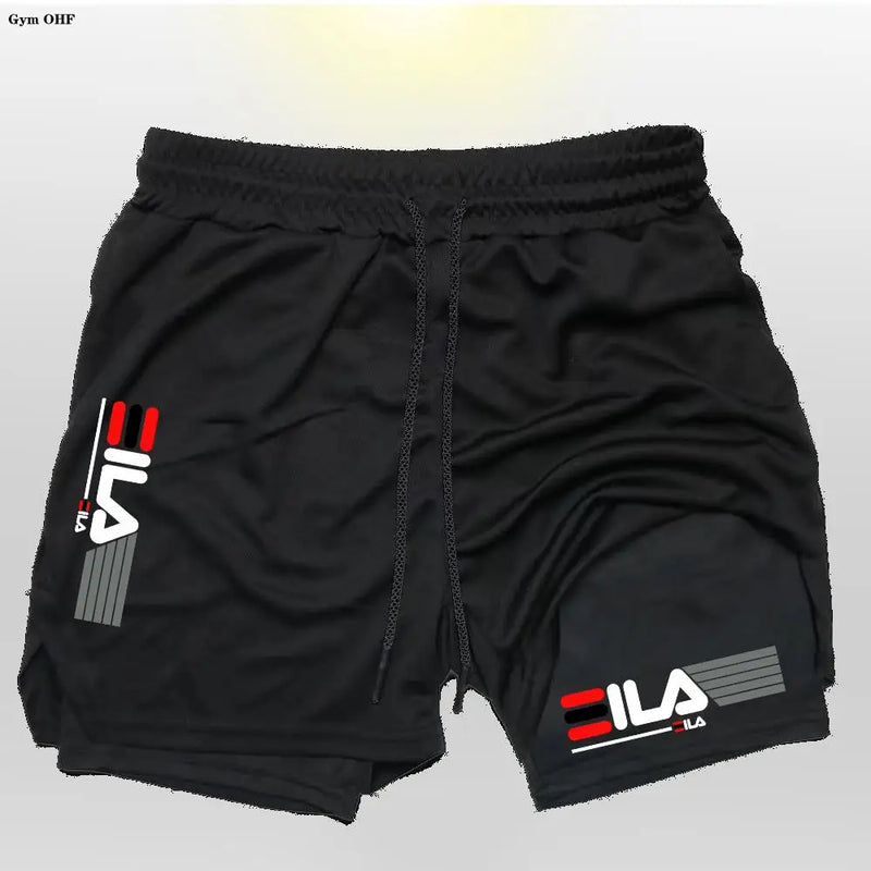 Shorts corrida secagem rápida para homens, esportes de ginástica, ao ar livre, treino, fitness, jogging, calças curtas, 2 em 1, verão