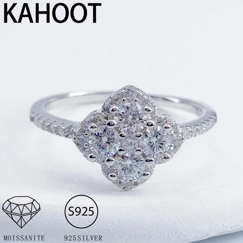 Anel de moissanite de prata esterlina s925 de 0,4 quilates com design de trevo de quatro folhas joias de prata pura