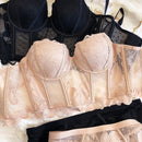 2 peças sexy rendas flores bordado conjunto de roupa interior feminino corpo shaper topos push up sutiã conjunto preto malha ponto lingerie respirável