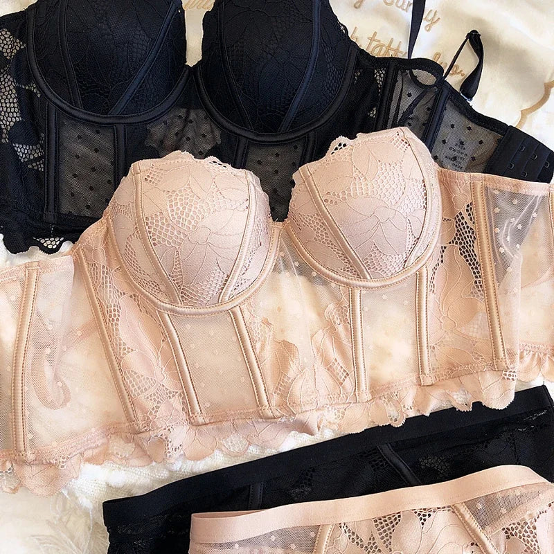 2 peças sexy rendas flores bordado conjunto de roupa interior feminino corpo shaper topos push up sutiã conjunto preto malha ponto lingerie respirável