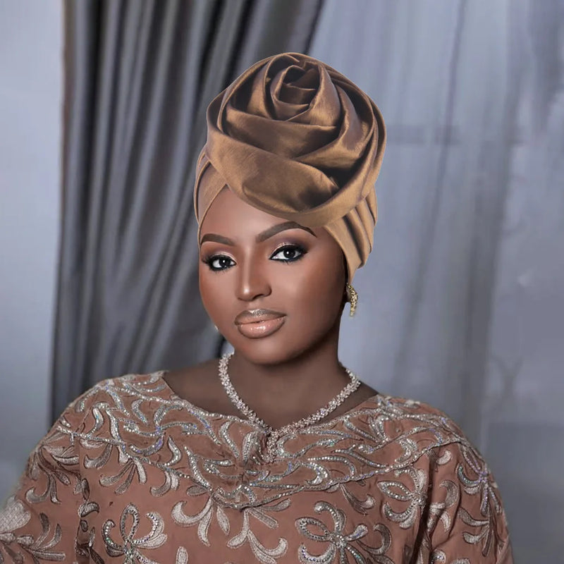 Raw Silk Big Rose Flower African Turban Caps for Women Headwear Head Wraps Nigerian Wedding Geles Party Headgear Bonnet