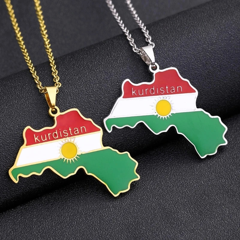 Kurdistan Map Pendant Necklace Dripping Oil Retro Stainless Steel Pendant for Men and Women Ethnic Clavicle Chain Gift