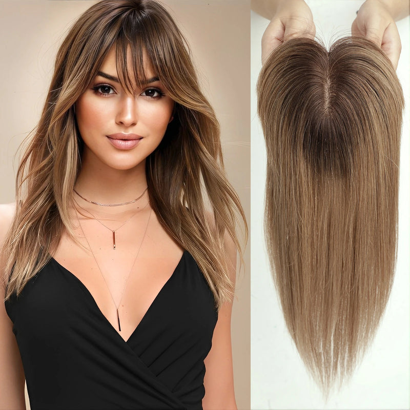 Toppers de cabelo humano remy, base de seda marrom reta, extensão de cabelo com franja, topper de cabelo humano para mulheres, uso diário, 14 tamanhos
