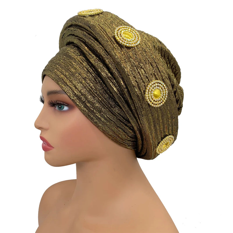 Already Made African Headtie Glitter Diamonds Women's Turban Cap Female Head Wraps Nigeria Wedding Auto Geles Party Headwear Hat