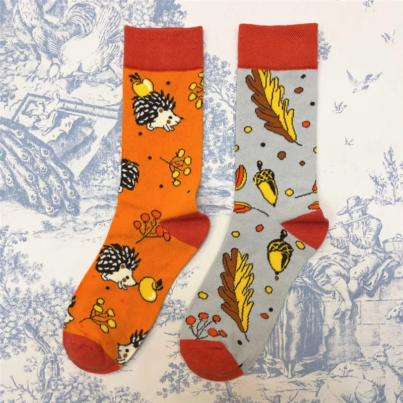 1Pair Adult Size Mid Calf Crew Cartoon Hedgehog Cottton Unisex Socks British Style Casual Harajuku Forest Animal Art Couple Fun