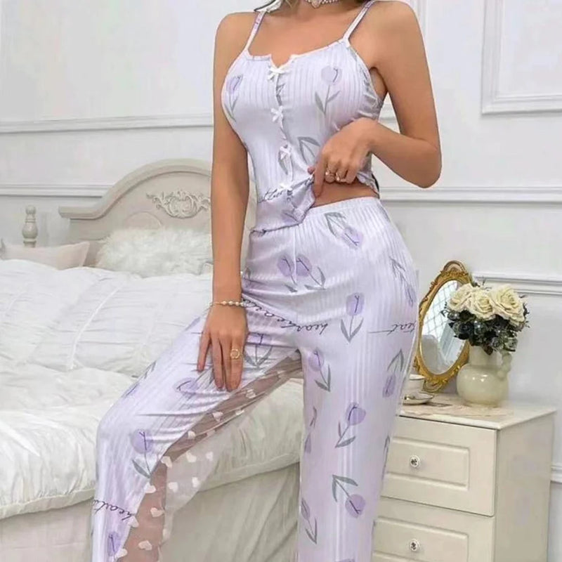 2-Piece Women Sexy Transparent Mesh Lace Set Printed Pants Home Clothes Pajama Female Sexy Comfortable Soft Underwear