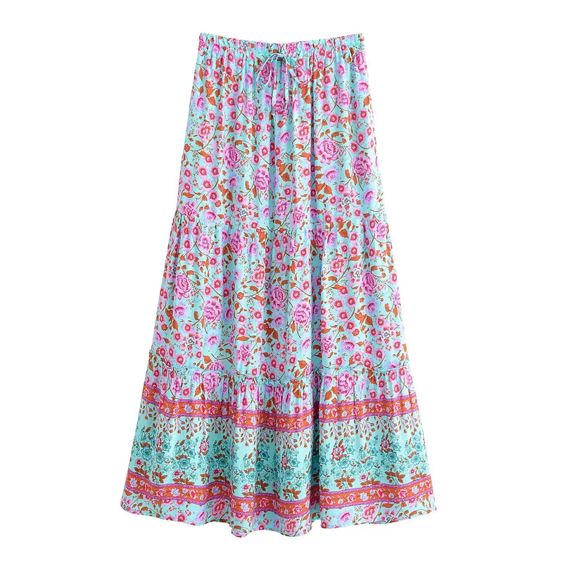 Boho Queens Women Wild Floral Print Beach Bohemian Skirt with Pockets High Waist Rayon Maxi  A-Line Ruffles Boho Skirts Femme