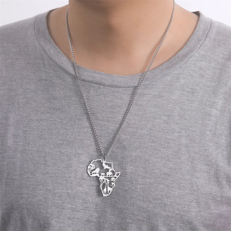 My Shape Africa Map Lion Elephant Monkey Giraffe Pendant Necklaces Men Women Stainless Steel Animal Chain Choker African Jewelry