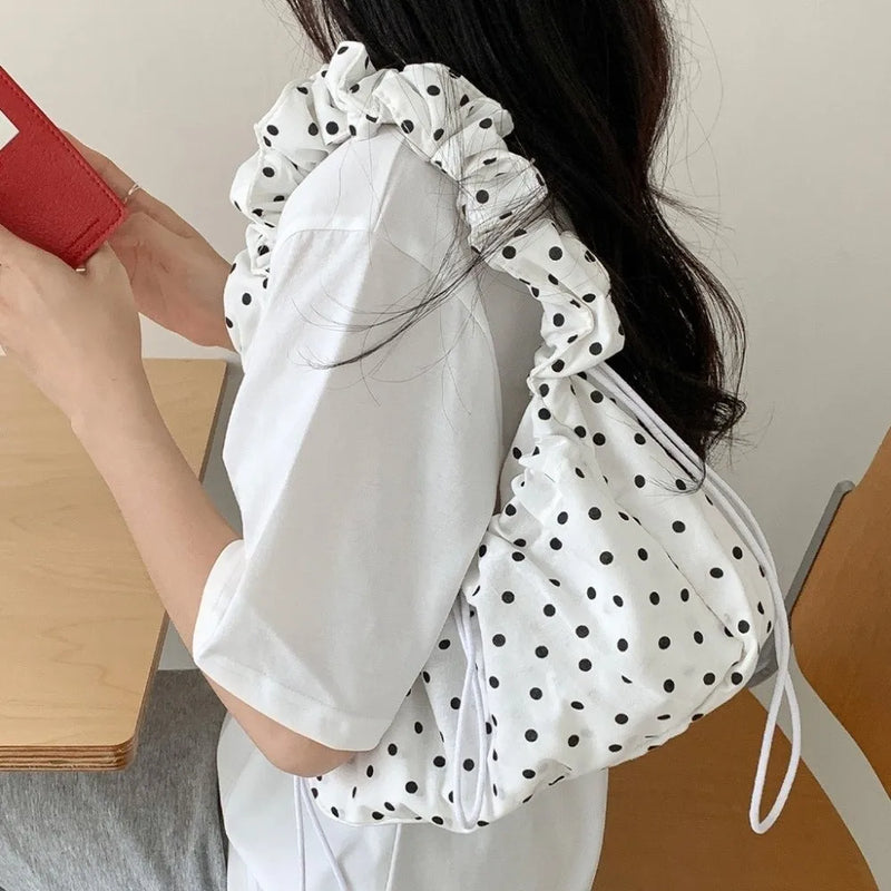 Versatile Polka Dot Underarm Bag Korean Style Large Capacity Drawstring Shoulder Bag Clutch Purse Dumpling Bag