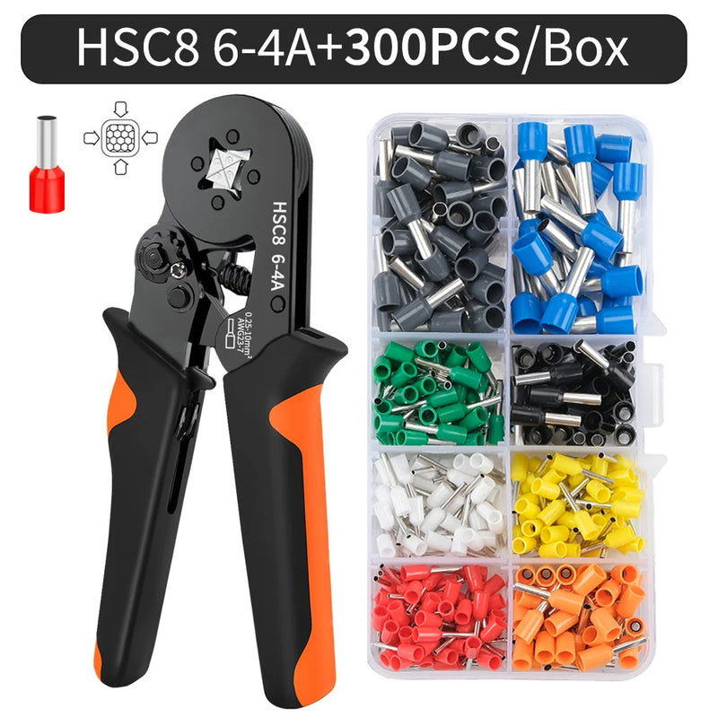 Hexagonal Auto-Ajustável Ratchet Virola Crimping Tool Kit, Crimper Kit com Mangas Virola, Terminais de Fio, 23-7AWG, 0.25-10 mm2