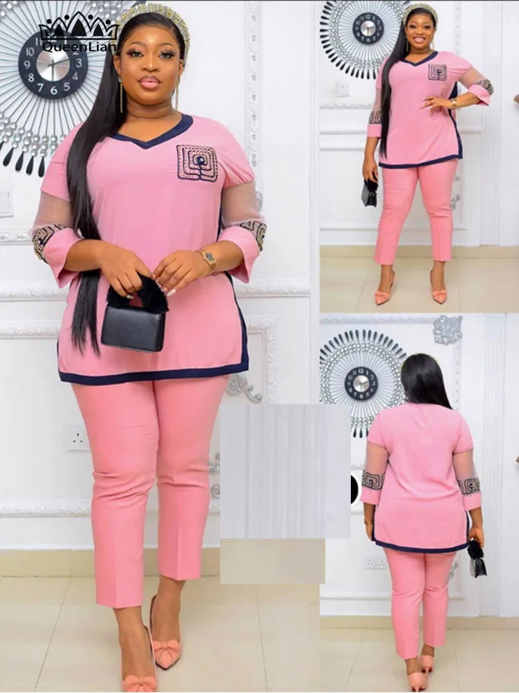 Terno africano de 2 peças para mulheres, top e calça de alta qualidade, 4 cores, manga, bordado avançado, diamante, novo, TZ18
