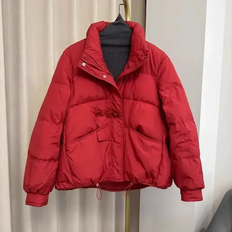 2024 New Winter Standing Neck Loose White Duck Down Warm Jacket Women Buttons Solid Color Warm Casual Fashion Puffer Bread Coat