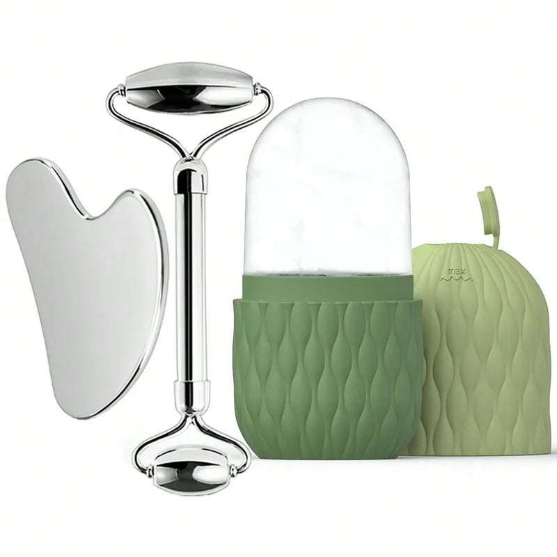 Rolo facial de gelo e conjunto de ferramentas gua sha de aço inoxidável, massageador facial rolo de gelo ferramenta de cuidados com a pele conjunto de beleza ferramenta de contorno de levantamento