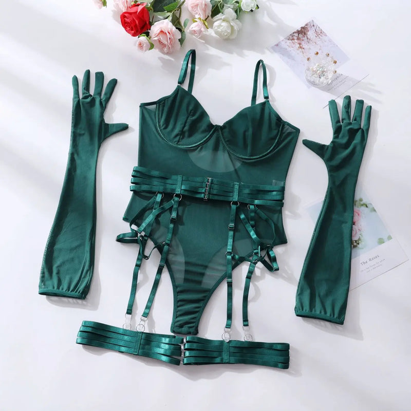 Mirabelle body de renda justo, transparente, lingerie sexy, corpo com luvas, roupa de liga, sissy, top de malha sem crochê