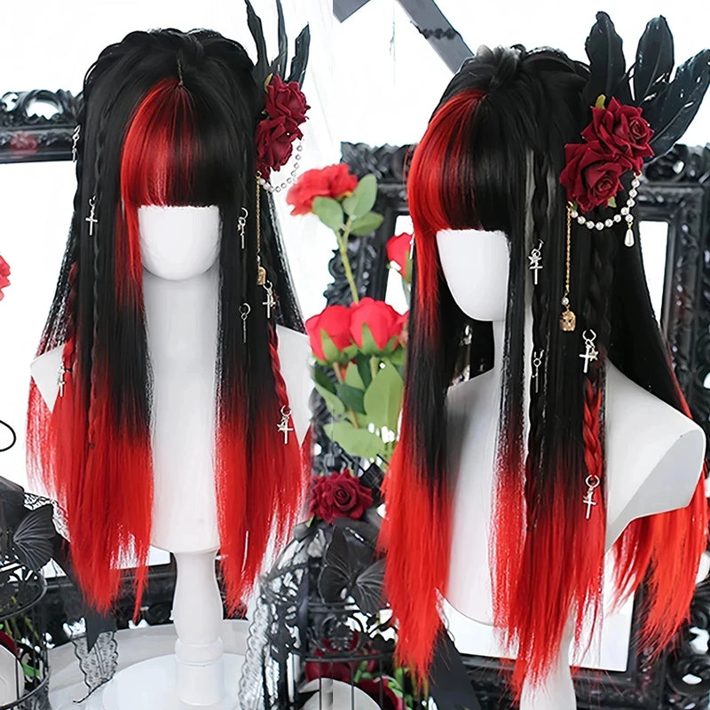 OLACARE  Synthetic Long Straight Lolita Wig with Bang Black Red Two-Tone Cosplay Party Halloween Christmas Wavy Curly Wig