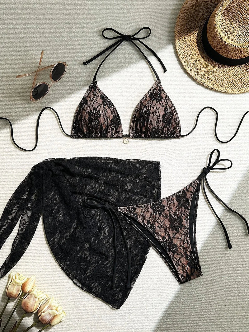 Sexy Black Mesh Skirt 3 Piece Bikini Set 2025 Women Push Up Beach Bathing Suit Swimwear Holiday Cover Up Thong Swimsuit Biquini