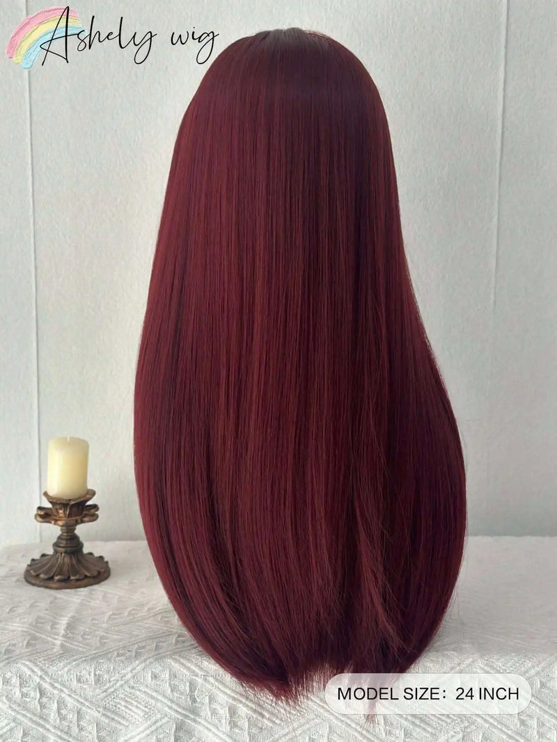 Ashely Cosplay Burgundy Long Straight Wig with Bangs 24 Inch Red Synthetic Wigs for Women Fashion Daily Party Wigs Lolita Wig