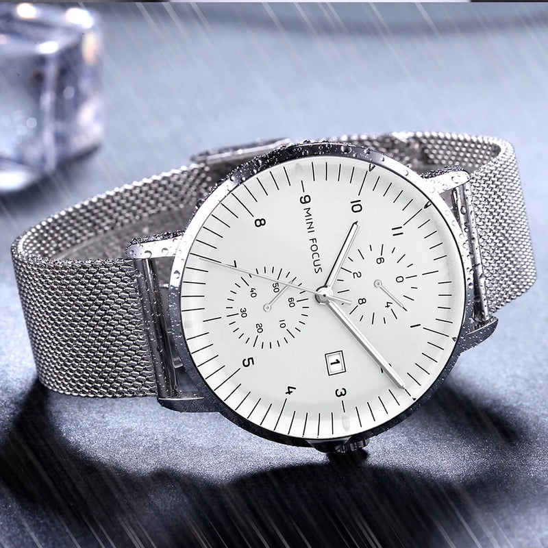 Mini foco luxo à prova dwaterproof água relógios masculinos calendário janela prata negócios relógio de quartzo pulseira aço inoxidável mãos luminosas 0052