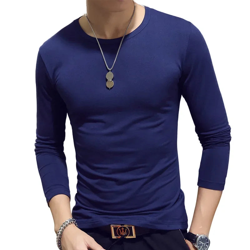 2023 Men's Long Sleeve T-shirts Loose-Fit Solid Color V-Neck Base Layer Top Thin Style Autumn Clothing
