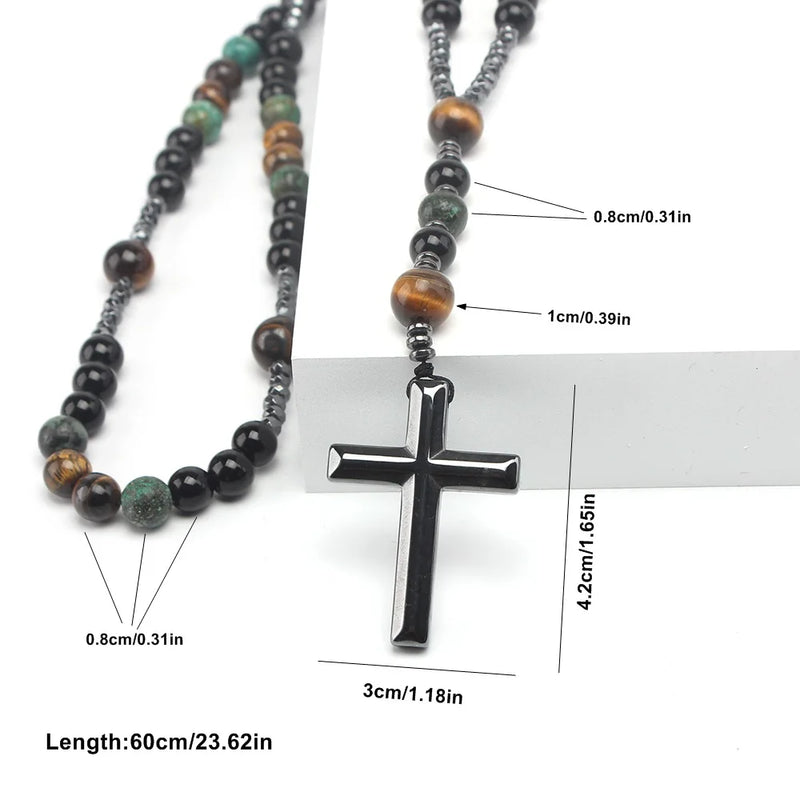 Natural Stone Africa Turquoise and Tiger-eye Beads Cross Pendant Necklace Rosary for Men and Women