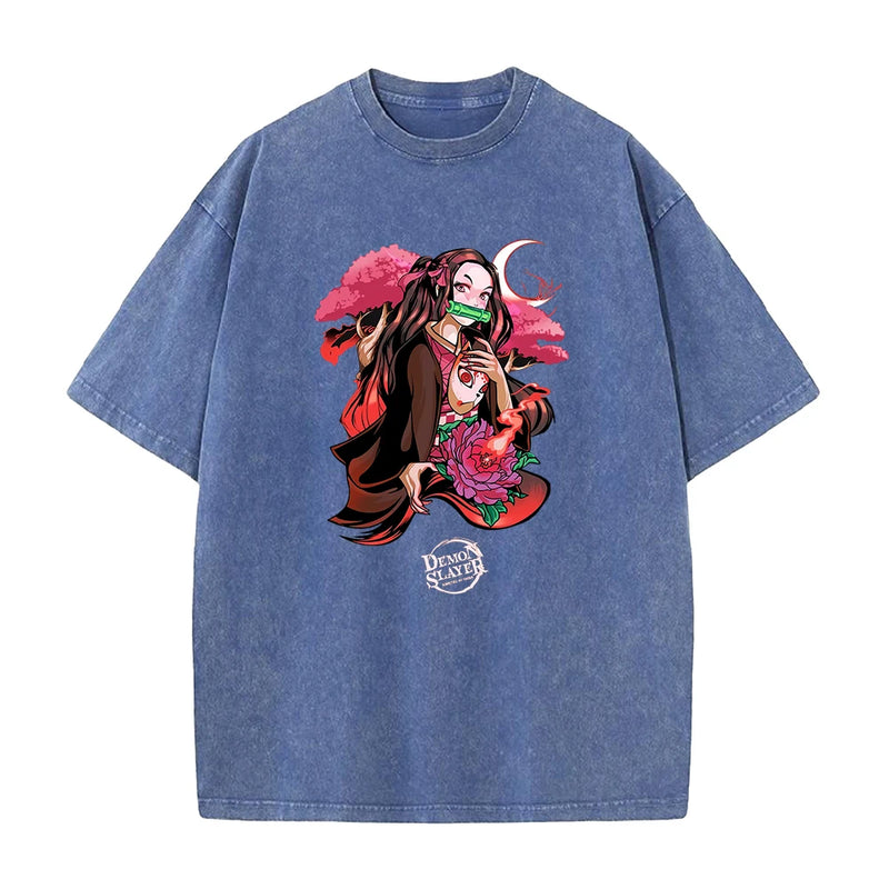 Anime Demon Slayer Agatsuma Zenitsu Graphic Print T Shirt Men Vintage Casual T-shirts Washed Cotton Tshirt Harajuku Male Tops