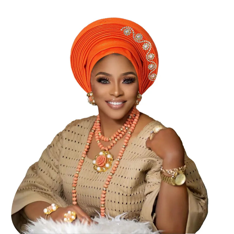New African Headtie Turban Nigeria Head Ties with Flowers Already Made Auto Gele Women Head Wraps for Wedding Party