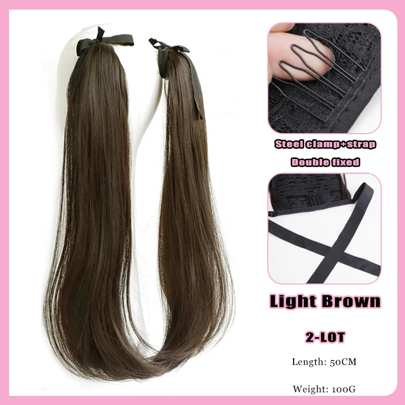 FORLISEE Synthetic Grip Clip Ultra Light Double Ponytail Wig Piece Can Be Tied With A High Strap Style Low Ponytail Braid