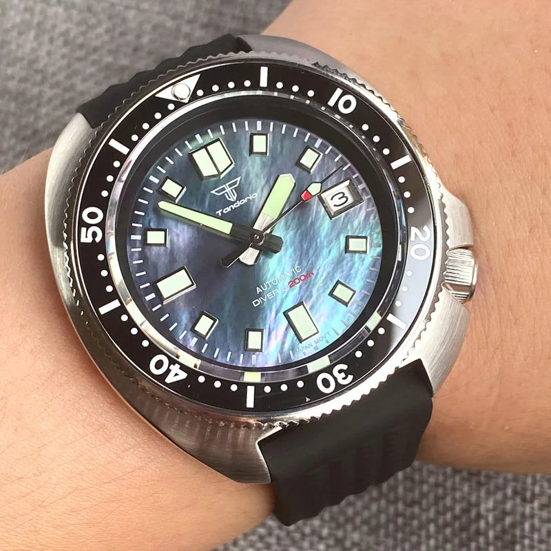 Tandorio NH35A Mother of Pearl White Black Dial Automaitc  Mens Watch Captain Mechanical 20Bar Silicone Strap Diving Lume Clock