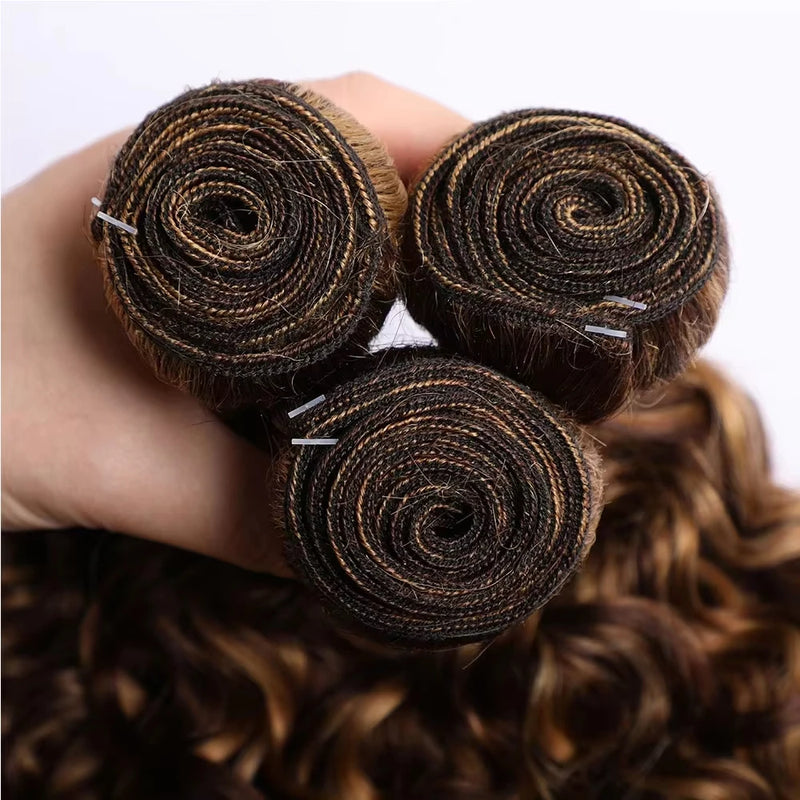 P4/27 Deep Wave Human Hair Bundles Highlight Dark Brown and Honey Blonde Water Wave Hair Bundle Hair Highlight Brown Color