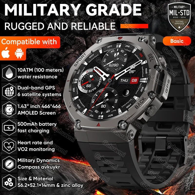 Novo t-rex 3 banda dupla gps militar relógio inteligente 48mm 10atm resistente à água 500mah bateria bússola altímetro smartwatch para huawei