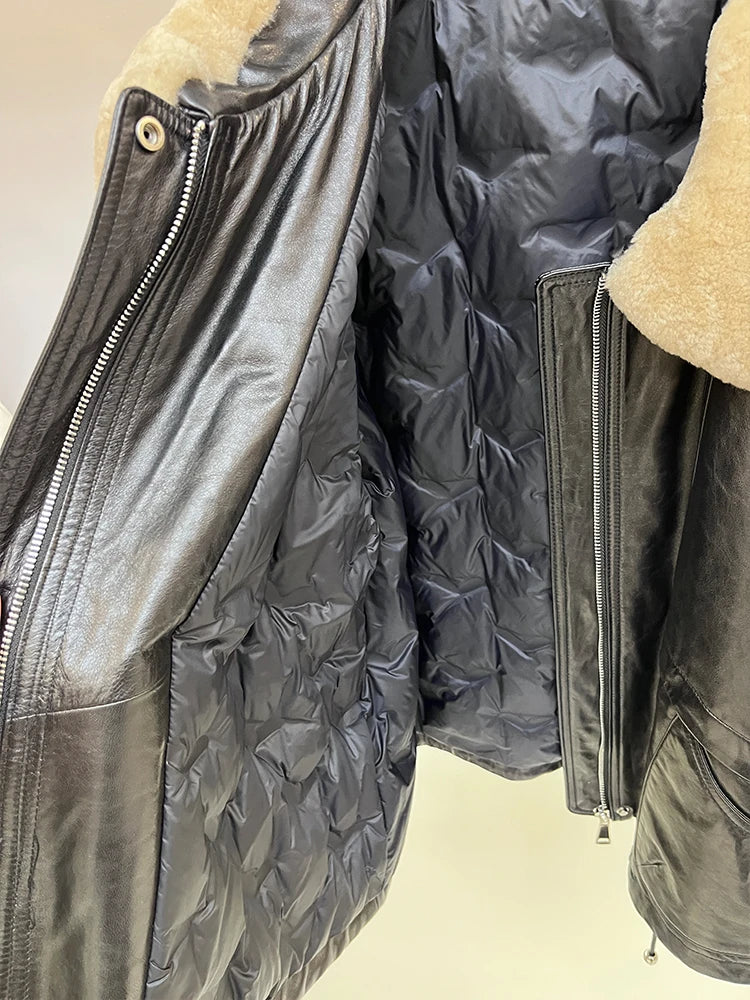 2024 enuine Sheepskin Leather Jacket Natural Merino Sheep Fur Collar Goose Down Jacket Coat Women's Luxury Female Coats