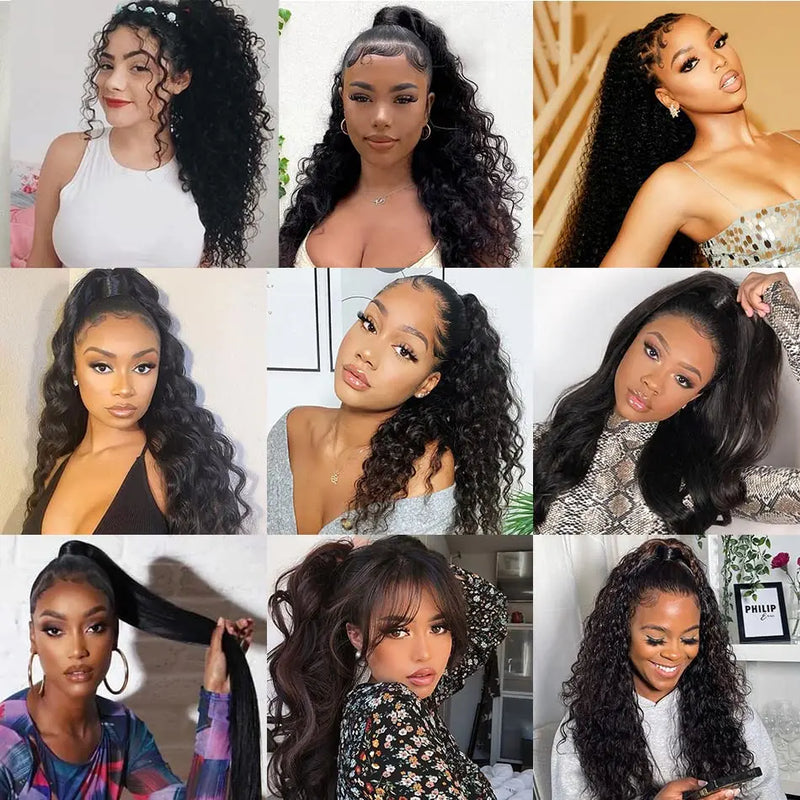 Onda de água extensões de cabelo humano desenhar corda rabos de cavalo kinky encaracolado virgem grampo de cabelo humano na extensão de rabo de cavalo para preto