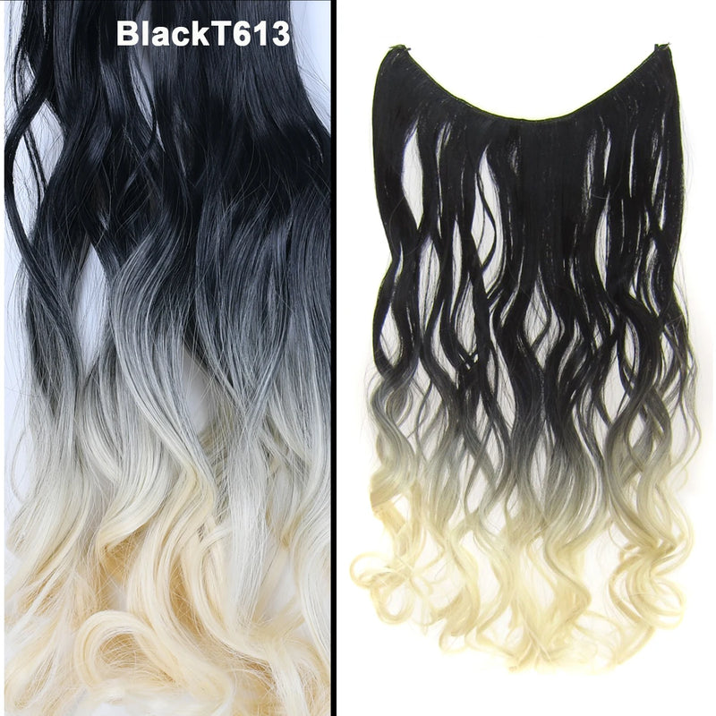 Jeedou One Piece Synthetic Hair Extension No Clips Whit Invisible Line Straight&Wavy Hair Hairpieces Brown Blue Ombre Color