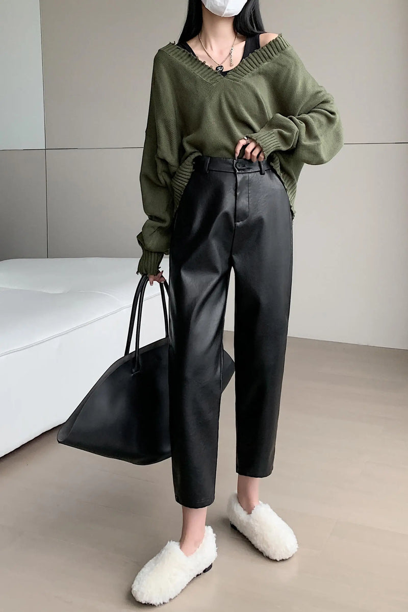 New 2024 Autumn Winter Leather Pants Women Korean Fashion High Elastic Waist Black Color Harem Trousers Female Pantalones