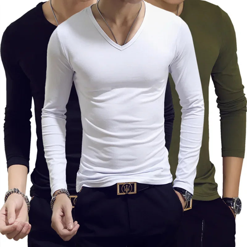 2023 Men's Long Sleeve T-shirts Loose-Fit Solid Color V-Neck Base Layer Top Thin Style Autumn Clothing