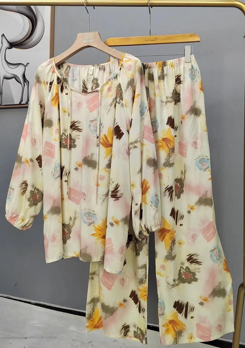Spring Autumn Cotton Silk Sleepwear Women Loose Thin Home Clothes Set Large Size V-neck Comfortable Breathable Home Fashion